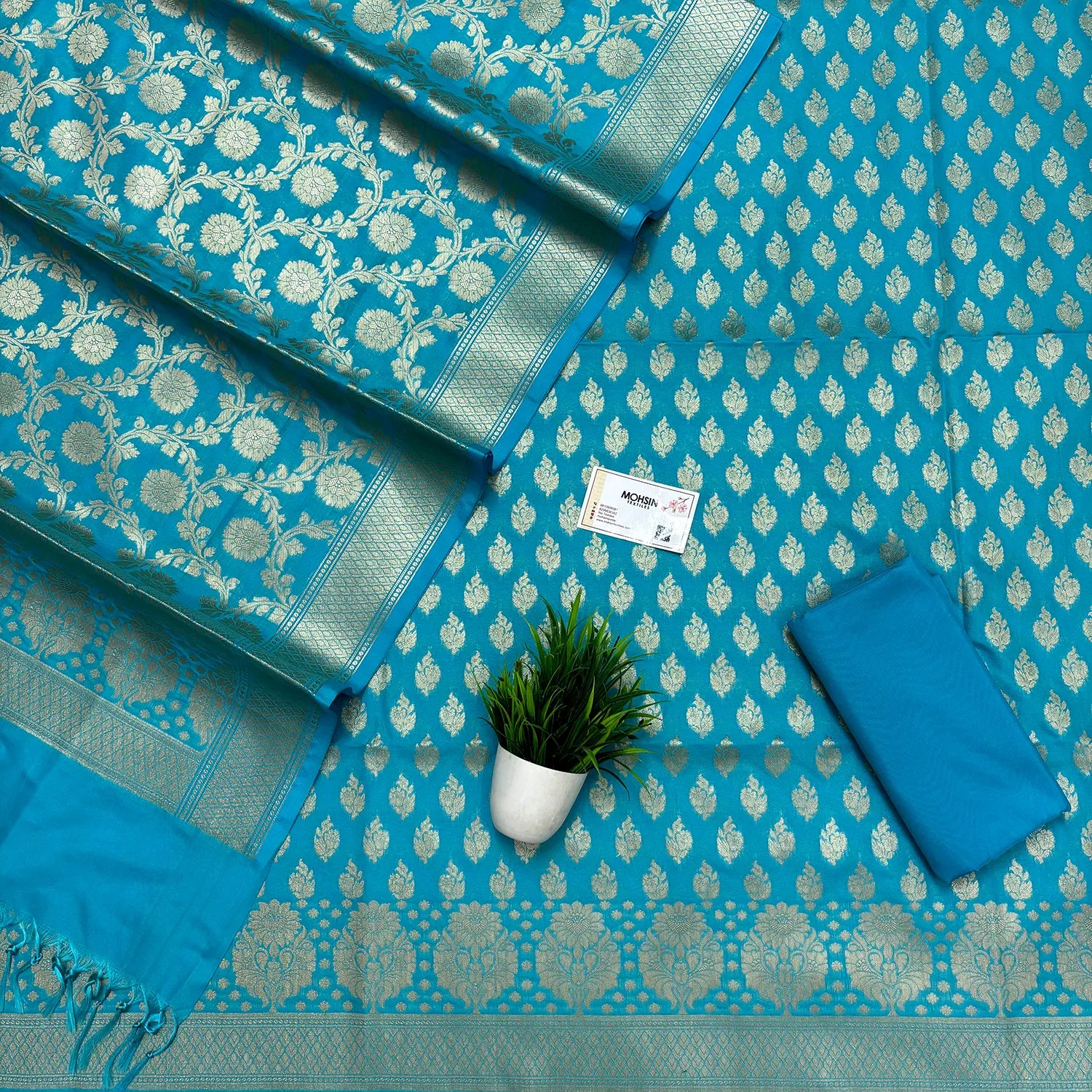Light Firozi Golden Zari Katan Silk Banarasi Suit