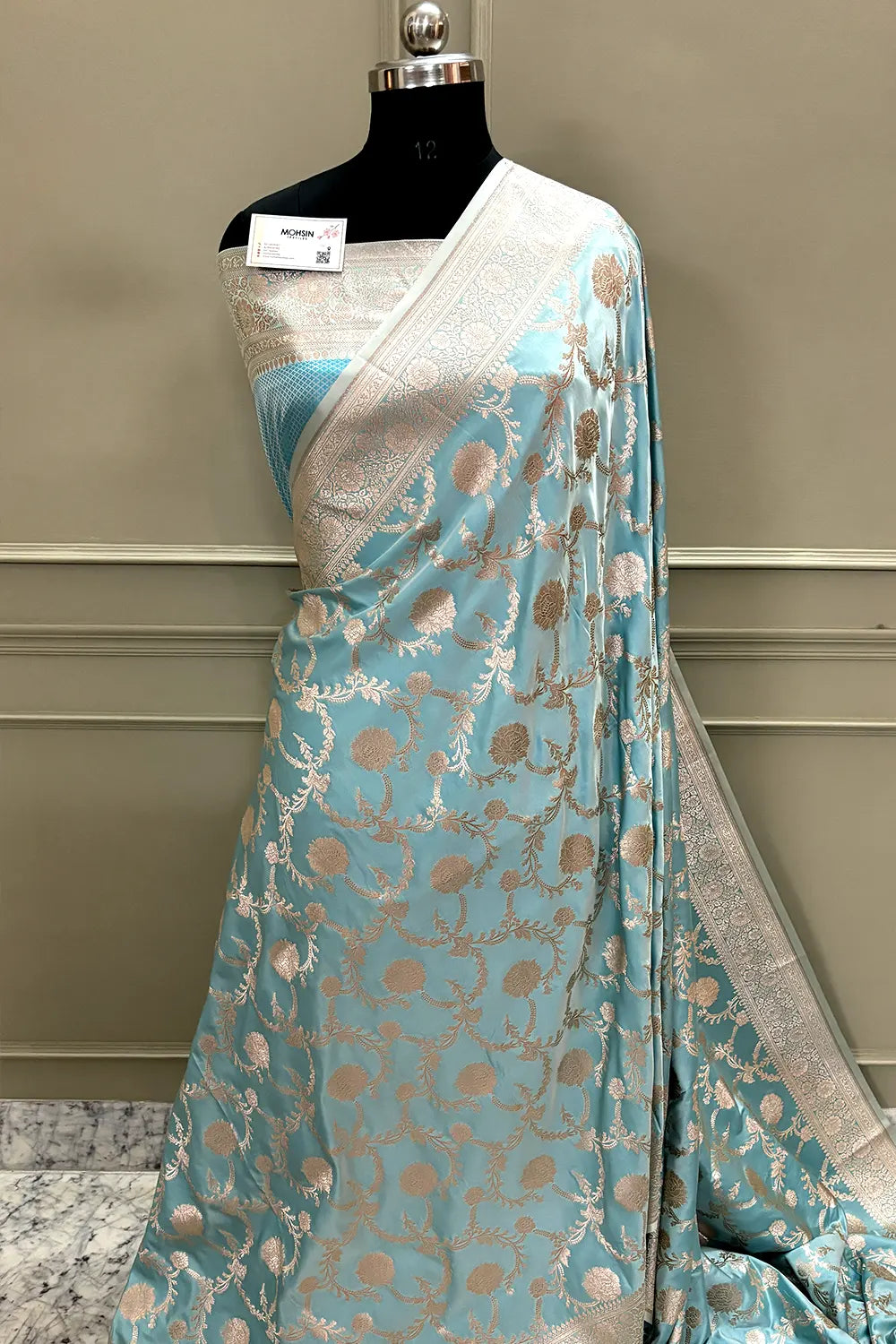 Light Firozi Laabela Jaal Katan Silk Banarasi Saree