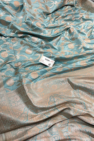 Light Firozi Laabela Jaal Katan Silk Banarasi Saree