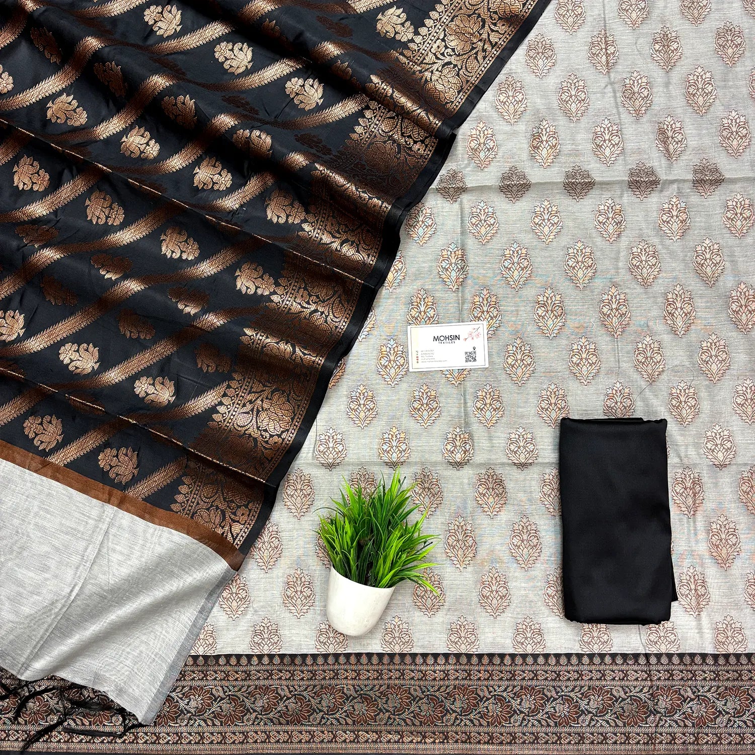 Light Grey and Black Banarasi Silk Suit