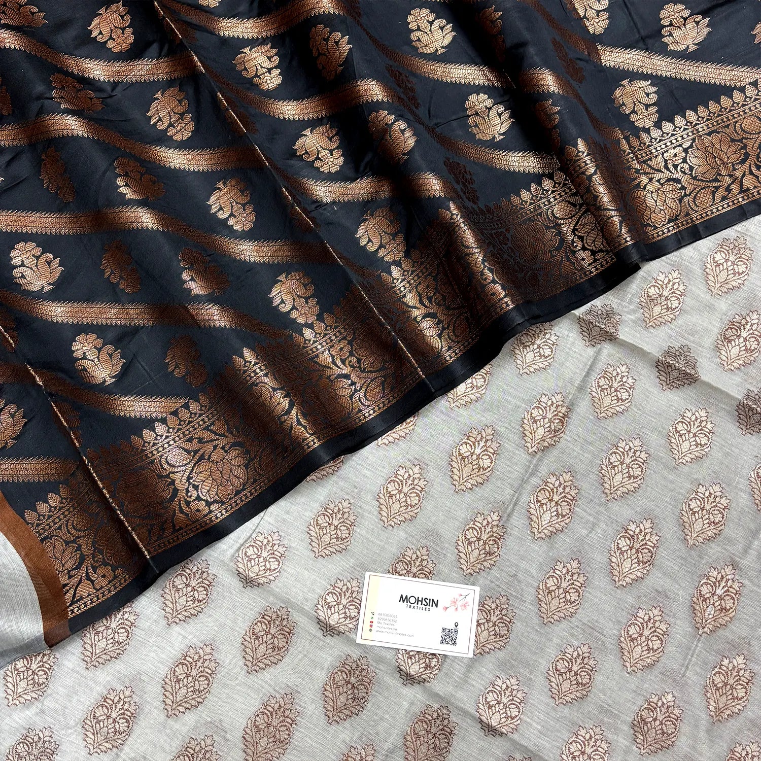 Light Grey and Black Banarasi Silk Suit