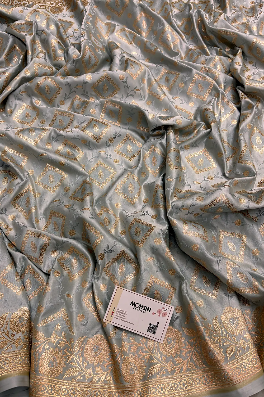 Light Grey Heera Jaal Katan Mashru Silk Banarasi Saree
