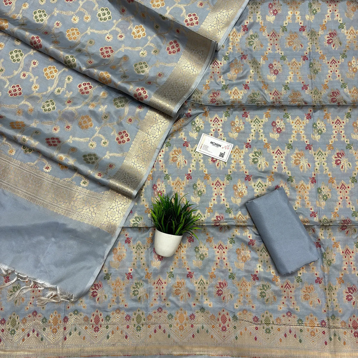 Light Grey Meenakari Katan Silk Banarasi Suit
