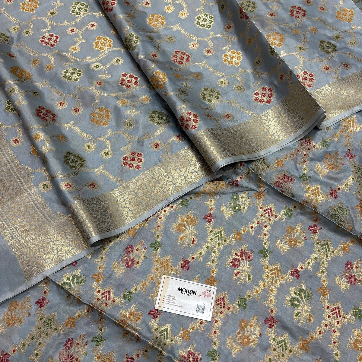Light Grey Meenakari Katan Silk Banarasi Suit