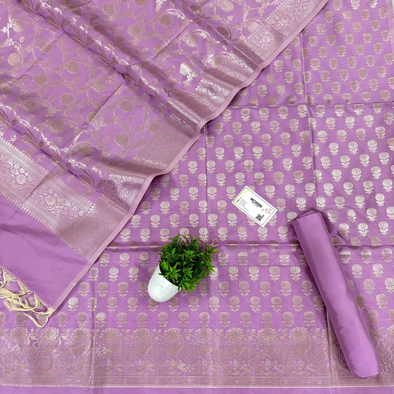Light Lavender Sunflower Satin Silk Banarasi Suit