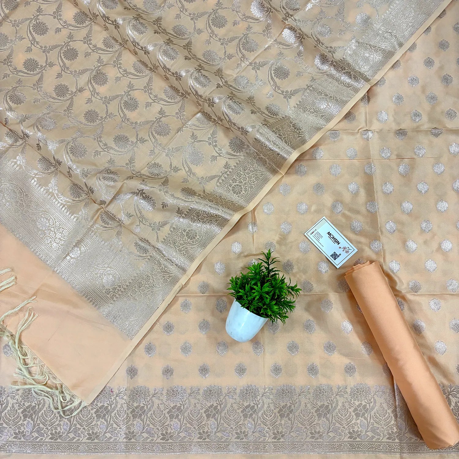 Light Peach Kiyari Buti Satin Silk Banarasi Suit