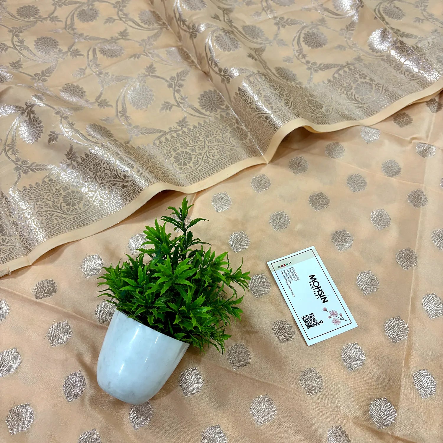 Light Peach Kiyari Buti Satin Silk Banarasi Suit