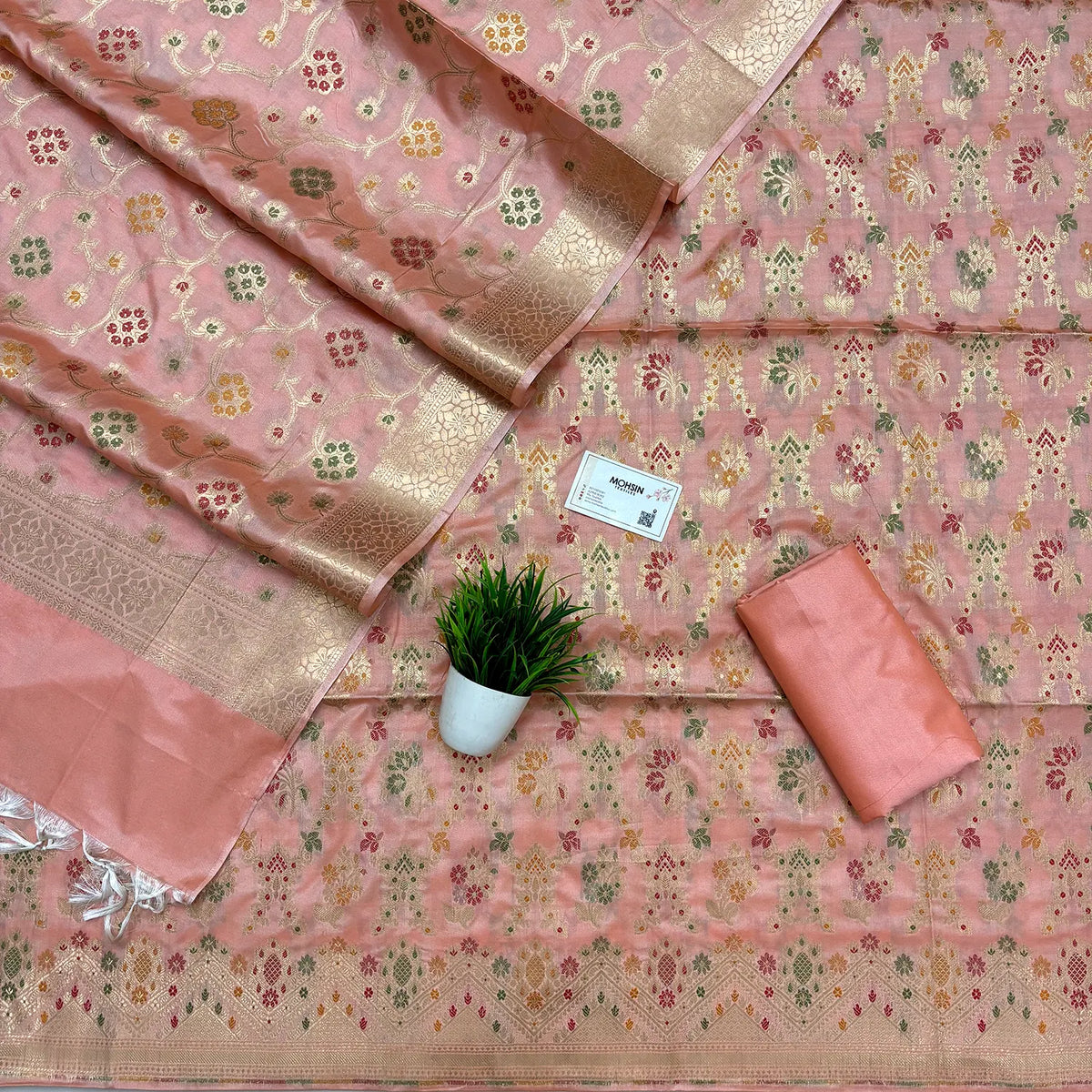 Light Peach Meenakari Katan Silk Banarasi Suit