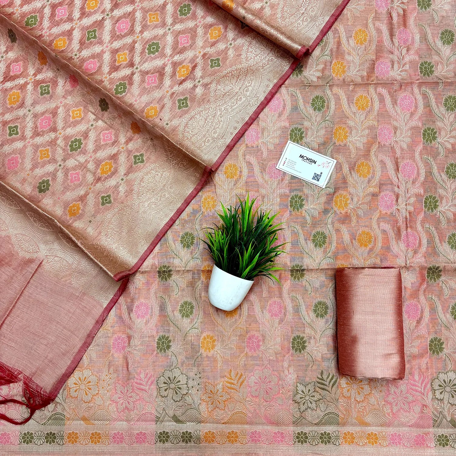 Light Peach Yoga Jaal Meena Cotton Silk Banarasi Suit