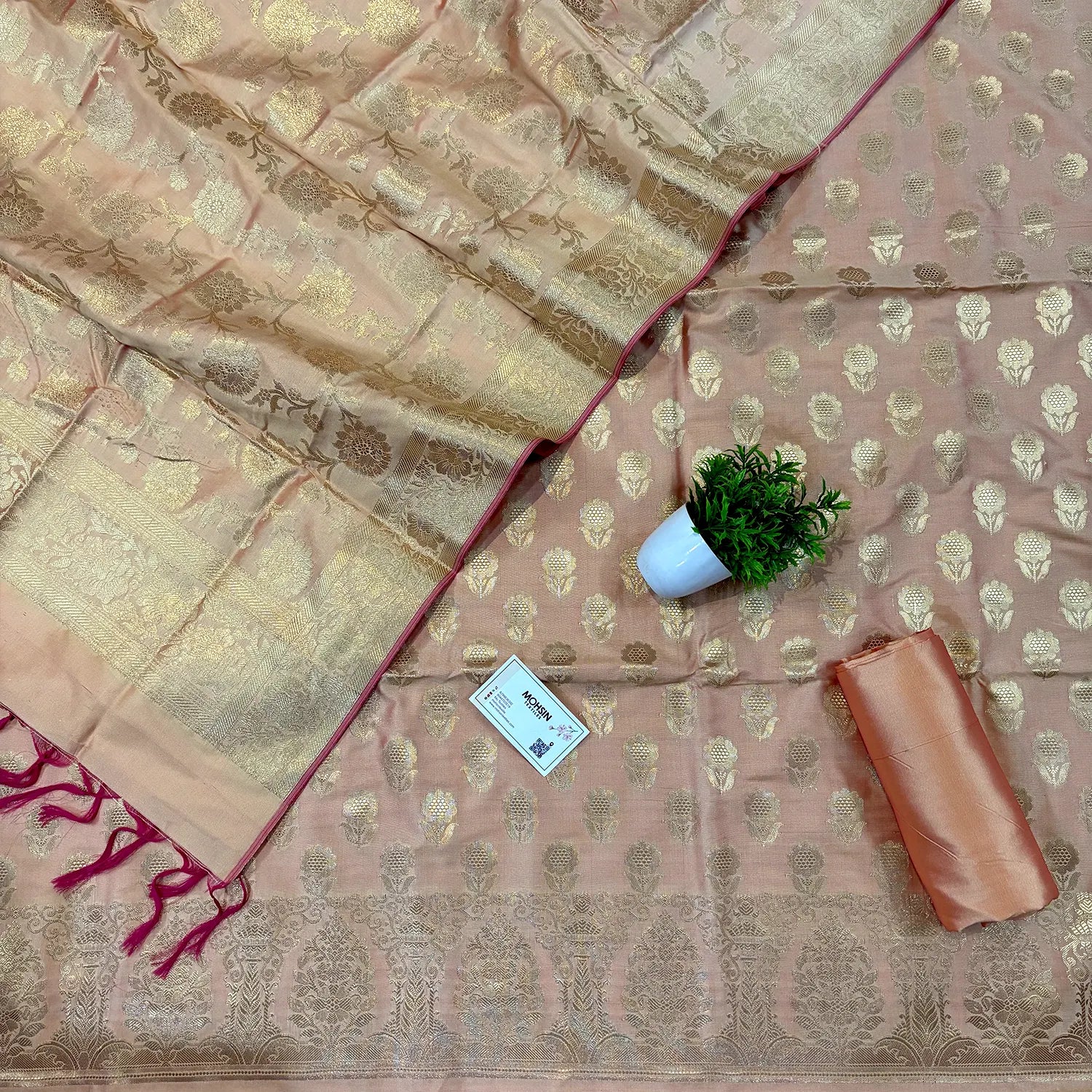 Light Peach Zari Satin Silk Banarasi Suit