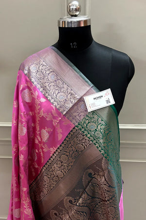 Light Pink and Teal Zari Banarasi Silk Saree