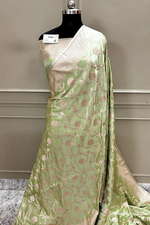 Light Pista Laabela Jaal Katan Silk Banarasi Saree