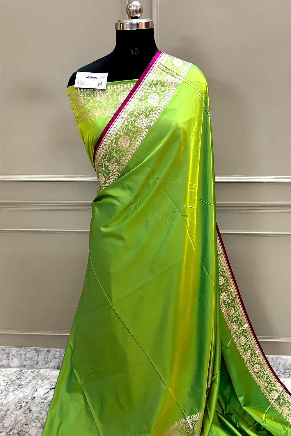 Lime Green Plain Katan Silk Banarasi Saree