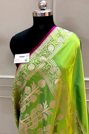 Lime Green Plain Katan Silk Banarasi Saree