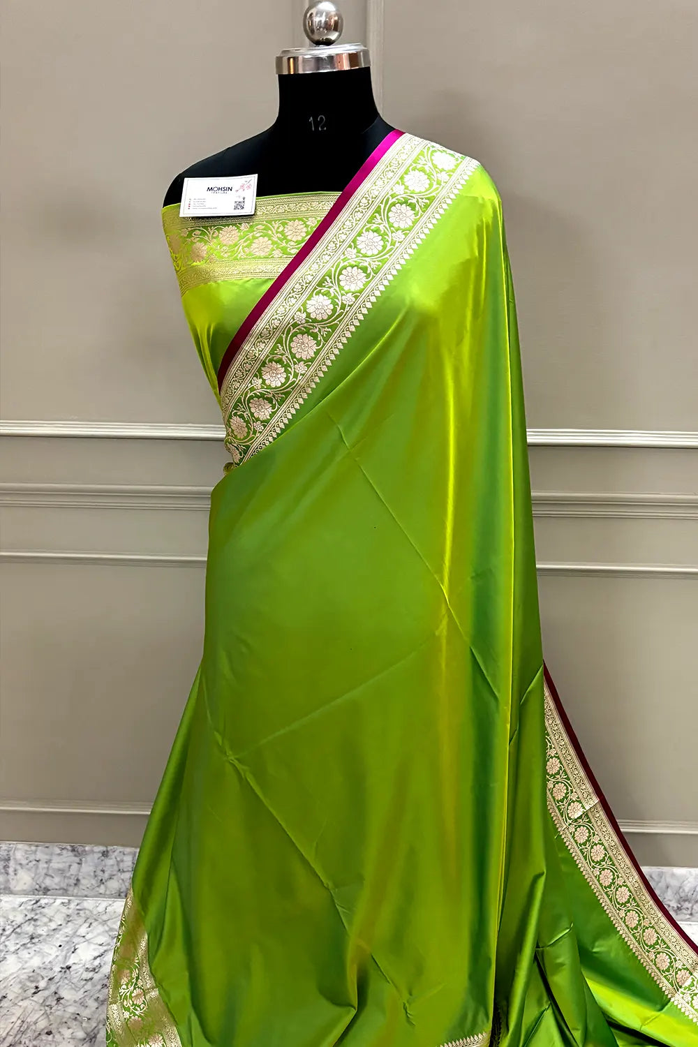 Lime Green Plain Zari Katan Silk Banarasi Saree