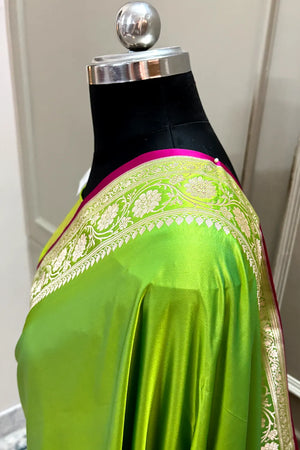 Lime Green Plain Zari Katan Silk Banarasi Saree