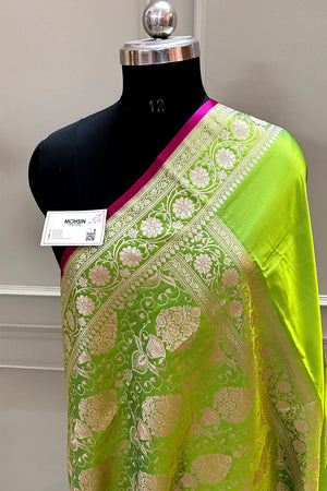 Lime Green Plain Zari Katan Silk Banarasi Saree