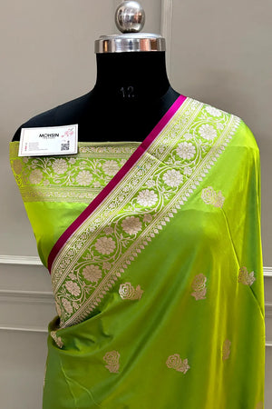 Lime Green Rose Buti Katan Silk Banarasi Saree