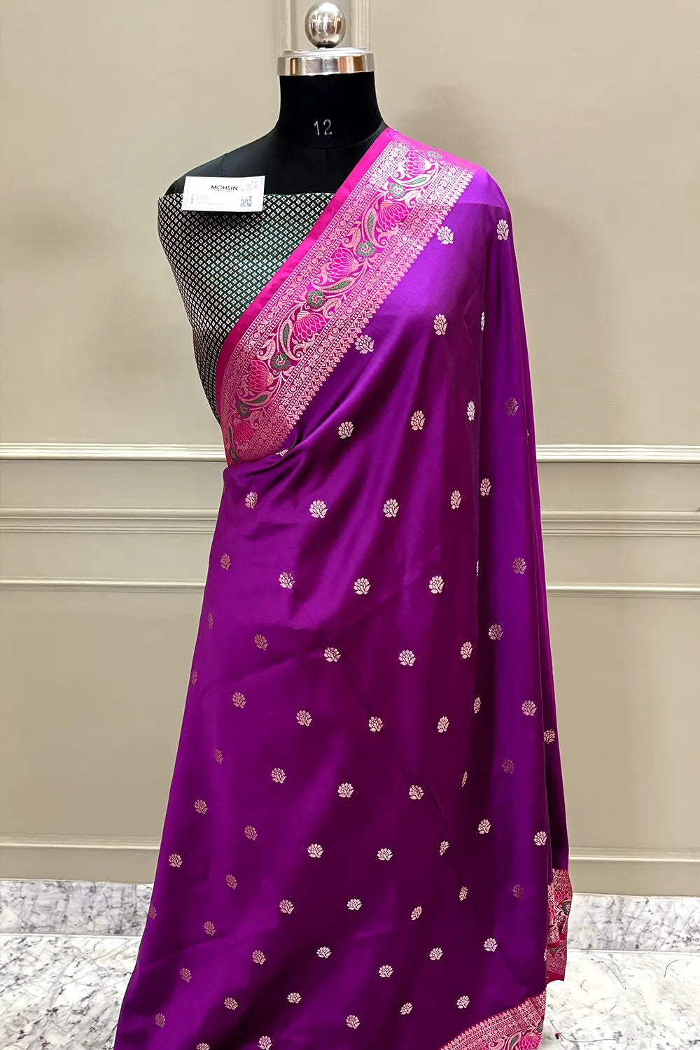 Magenta and Bottle Green Buti Banarasi Silk Saree