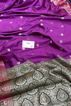 Magenta and Bottle Green Buti Banarasi Silk Saree
