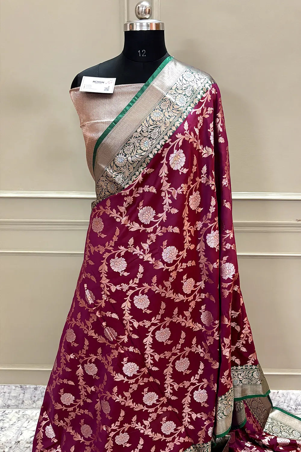Magenta and Bottle Green Zari Banarasi Silk Saree