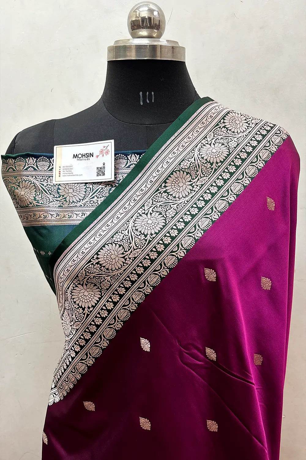 Magenta and Peacock Zari Katan Mashru Silk Banarasi Saree
