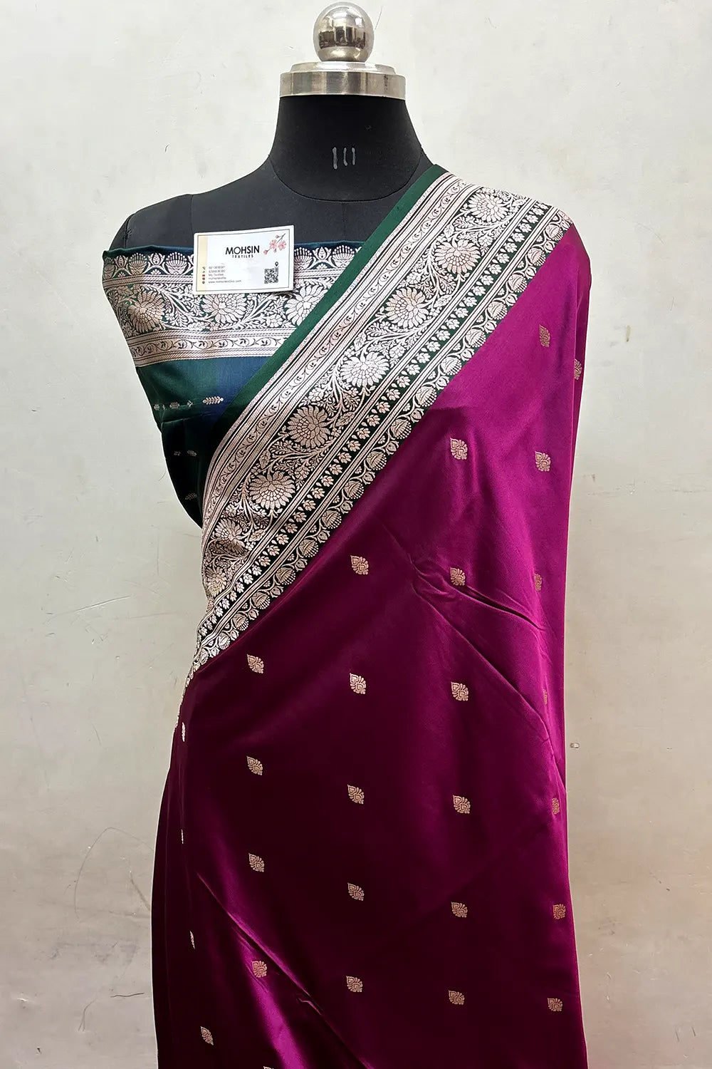 Magenta and Peacock Zari Katan Mashru Silk Banarasi Saree