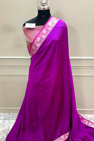 Magenta and Pink Plain Banarasi Silk Saree