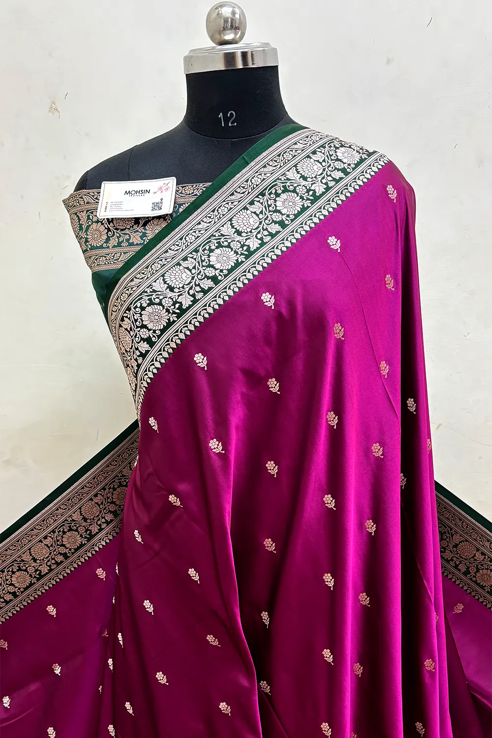 Magenta and Teal Lily Buti Katan Mashru Silk Banarasi Saree