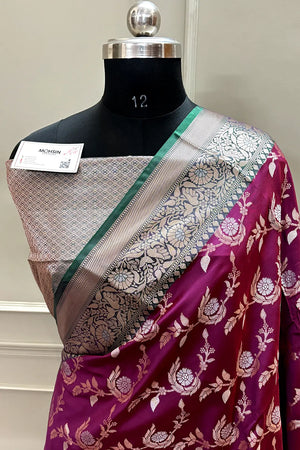 Magenta and Teal Zari Banarasi Silk Saree