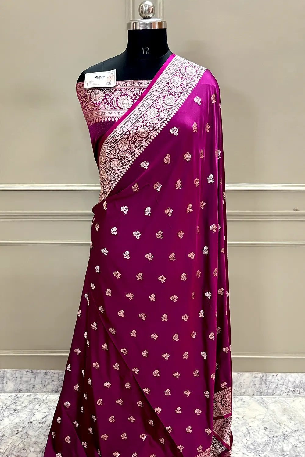 Magenta Chaman Buti Katan Silk Banarasi Saree