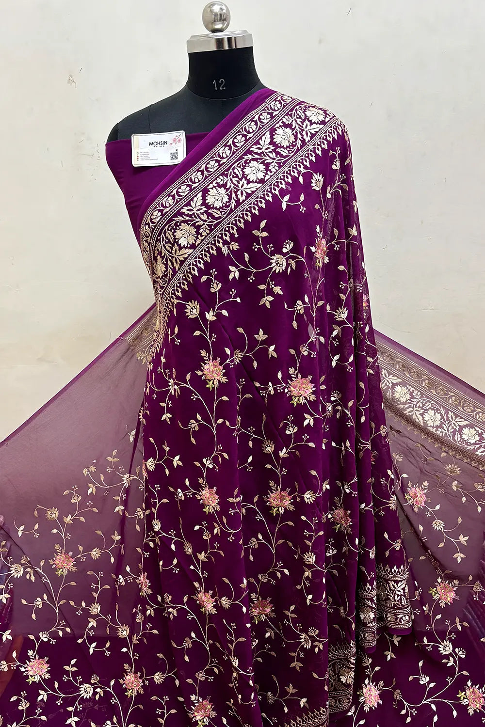 Magenta Embroidery Georgette Silk Banarasi Saree
