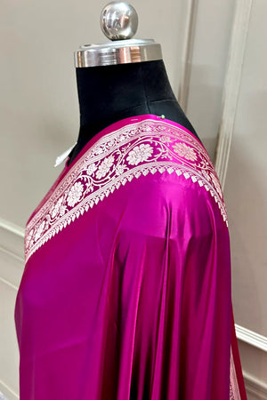 Magenta Plain Zari Border Katan Silk Banarasi Saree