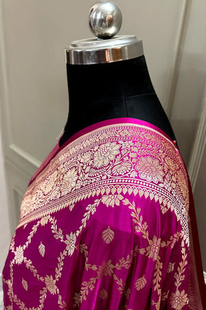 Magenta Qaidi Buti Katan Mashru Silk Banarasi Saree