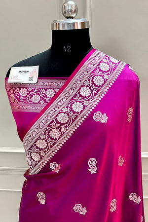 Magenta Rose Buti Katan Silk Banarasi Saree
