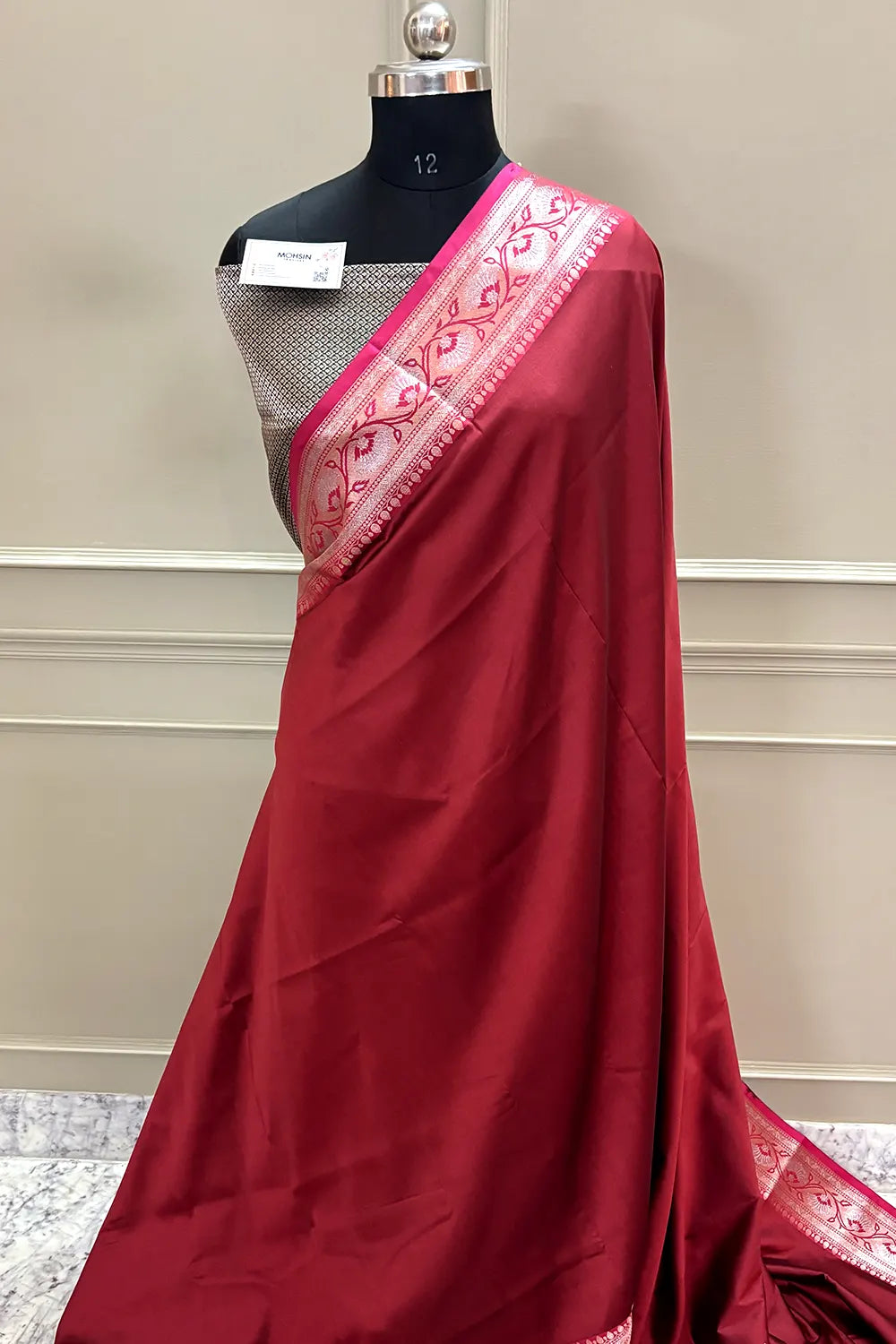 Maroon and Bottle Green Plain Banarasi Silk Saree