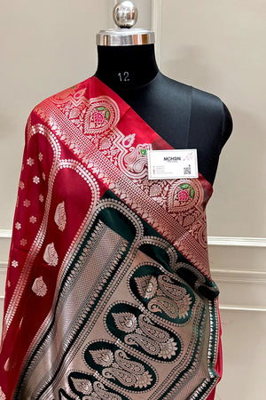 Maroon and Bottle Green Zari Banarasi Silk Saree
