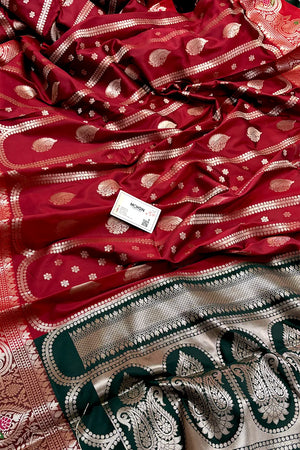 Maroon and Bottle Green Zari Banarasi Silk Saree