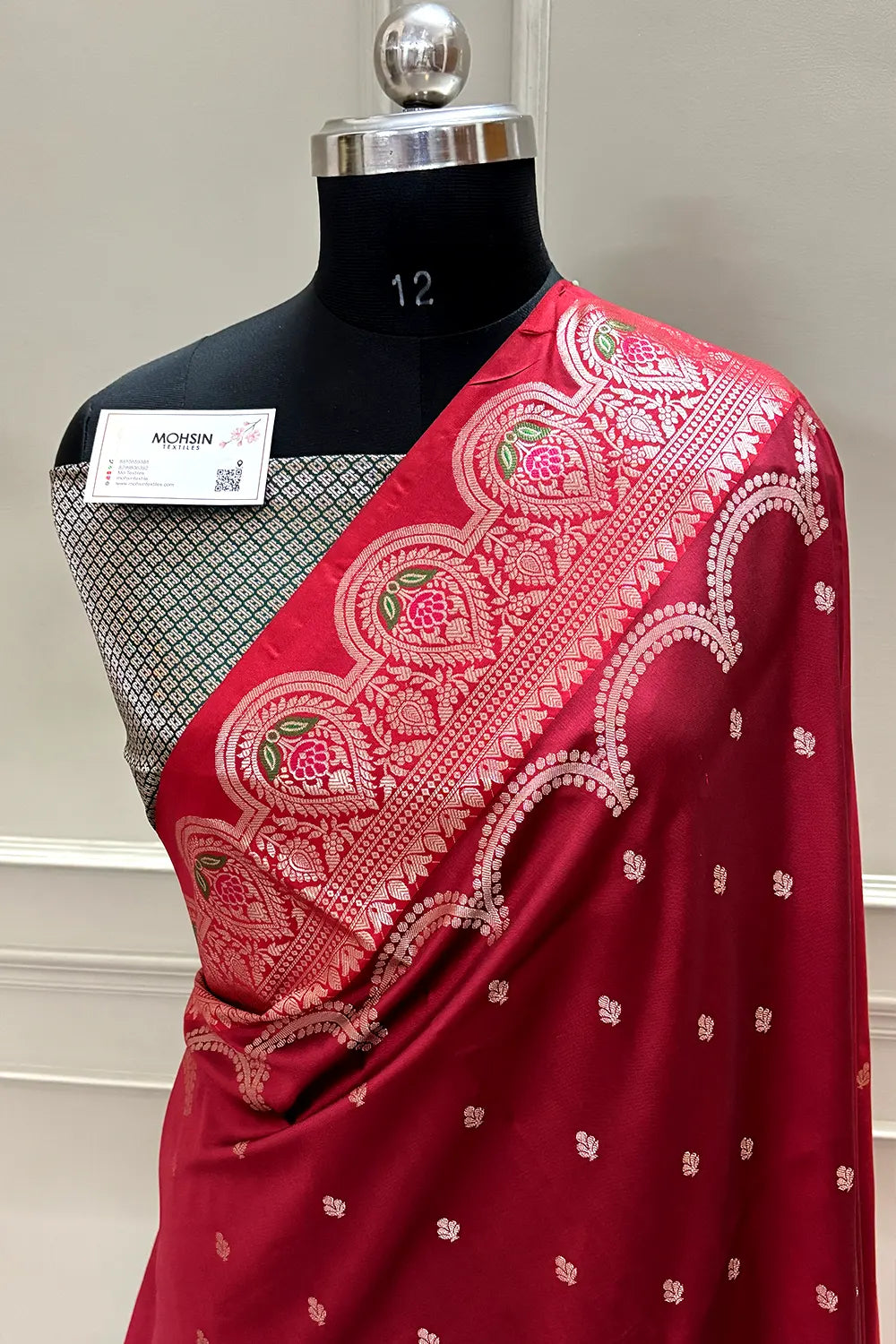 Maroon and Bottle Green Zari Banarasi Silk Saree