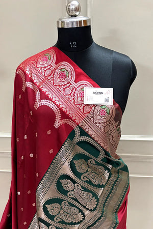 Maroon and Bottle Green Zari Banarasi Silk Saree