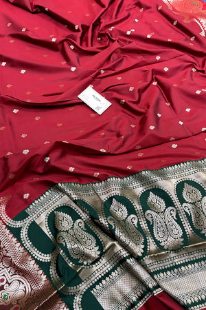 Maroon and Bottle Green Zari Banarasi Silk Saree