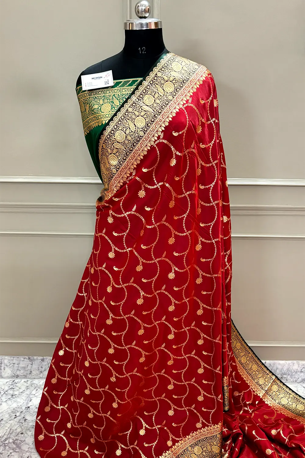 Maroon and Bottle Green Zari Katan Silk Banarasi Saree