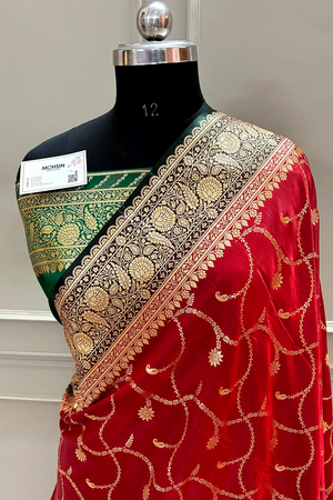 Maroon and Bottle Green Zari Katan Silk Banarasi Saree