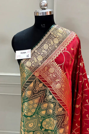 Maroon and Bottle Green Zari Katan Silk Banarasi Saree