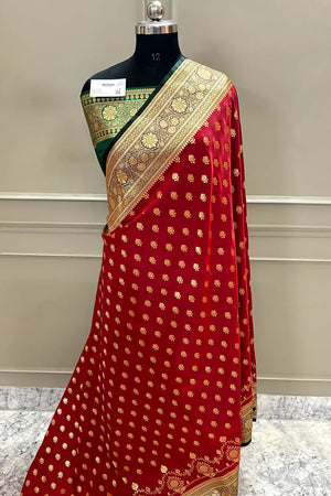Maroon and Bottle Green Zari Katan Silk Banarasi Saree