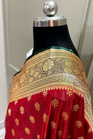 Maroon and Bottle Green Zari Katan Silk Banarasi Saree