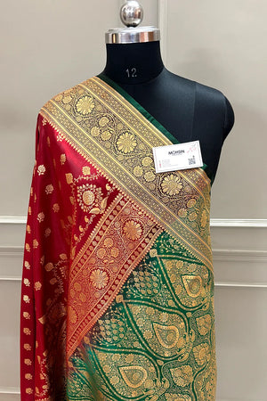 Maroon and Bottle Green Zari Katan Silk Banarasi Saree