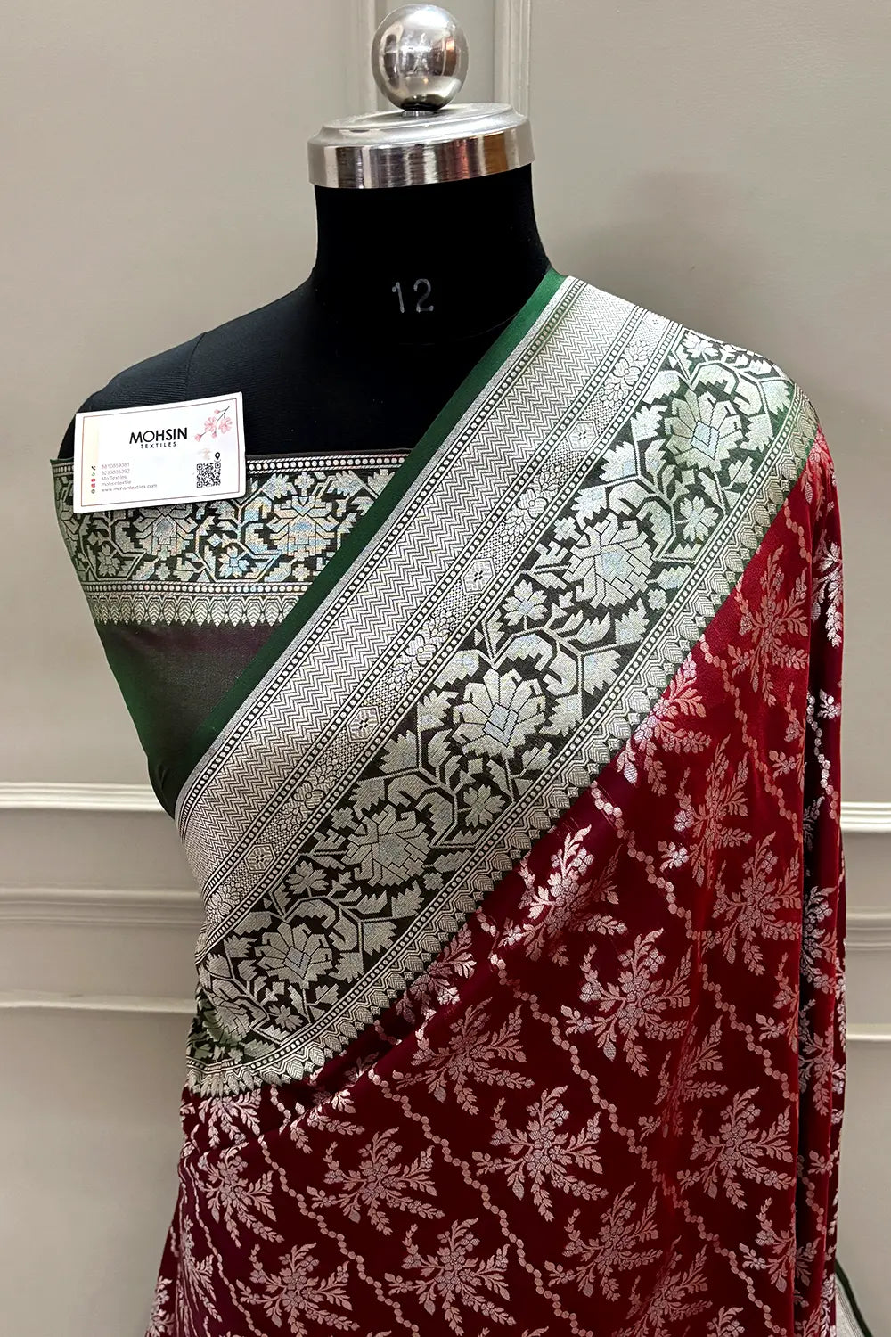 Maroon and Bottle Green Zari Katan Silk Banarasi Saree