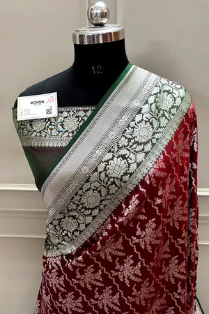 Maroon and Bottle Green Zari Katan Silk Banarasi Saree
