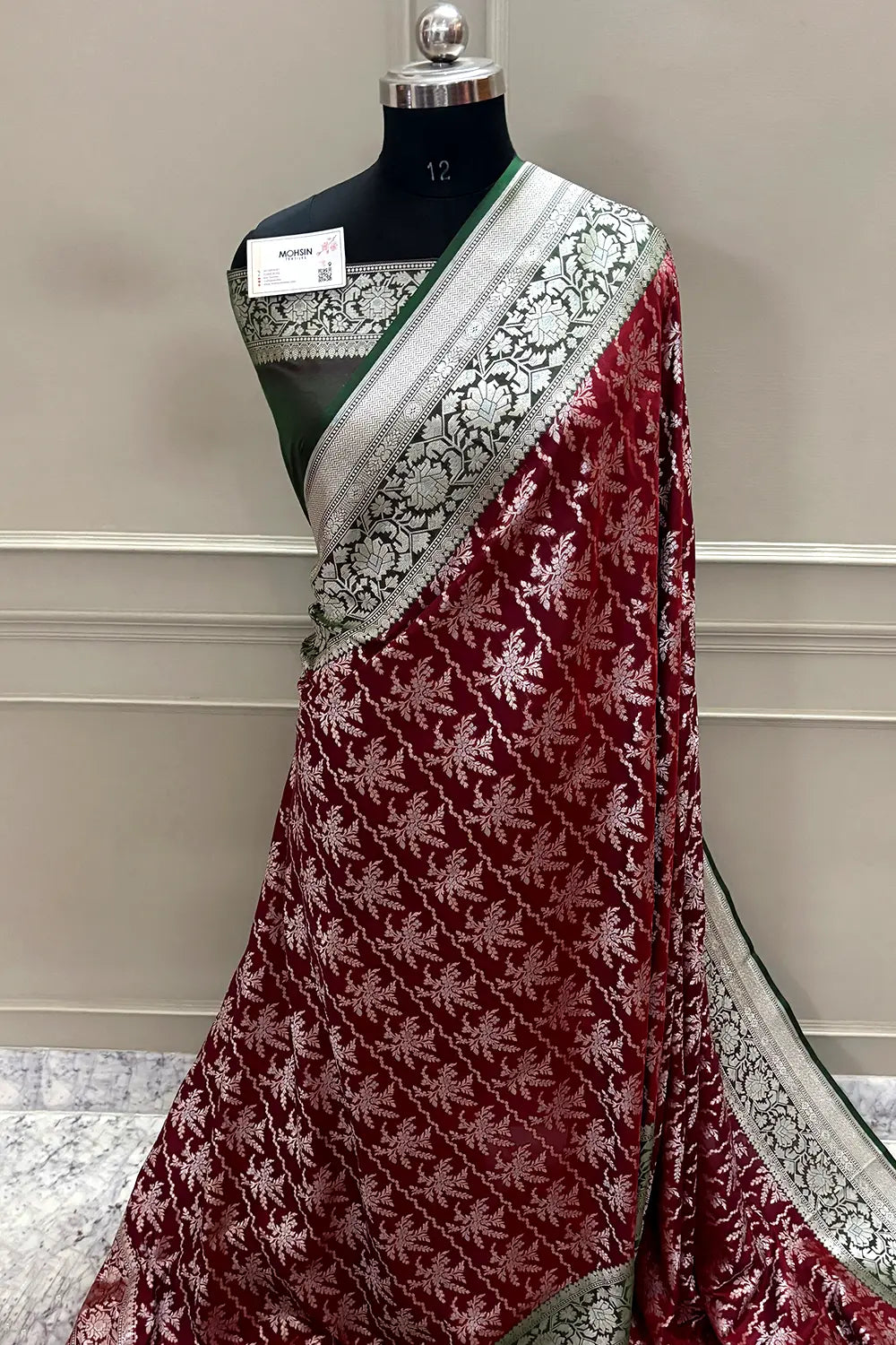 Maroon and Bottle Green Zari Katan Silk Banarasi Saree